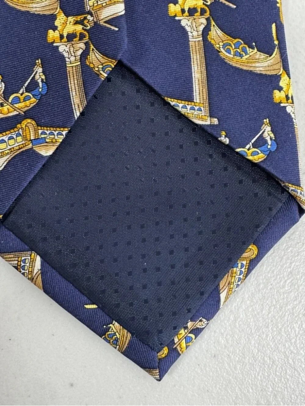 Trevisan Venezia Silk Elegant Navy and Gold Mens Tie Gondola Print Made in Italy